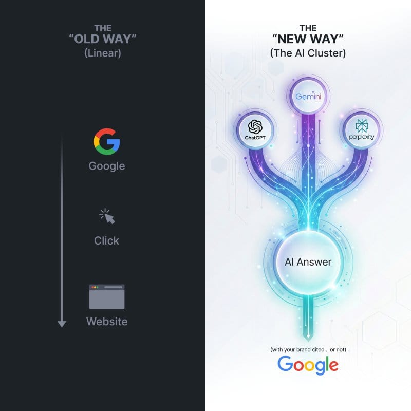 Old Way:
 Google → Click → Website

New Way:
 ChatGPT
 Gemini → AI Answer → (with your brand cited… or not)
 Google